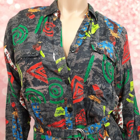 Vintage 80s African Tribal Print Belted Shirt Dress Size S Midi With Pockets - Picture 2 of 12